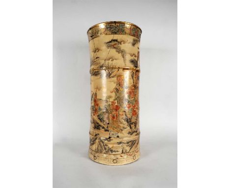 A large decorative 19 th century Japanese Satsuma umbrella / stick stand, of ribbed cylindrical form, decorated with highly d