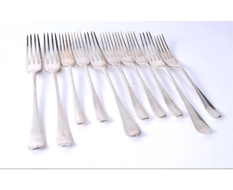 A set of six silver dessert forks, Fattorini &amp; Sons Ltd, Sheffield 1906, together with a set of four silver table forks, 