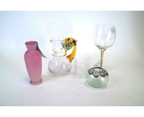 A collection of drinking and other glassware including an early 1900s dessert wine set, the clear crystal jug with amber hand