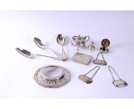 A set of seven white metal table spoons, stamped '84' and 'EL', together with a silver cauldron salt, a silver cauldron musta