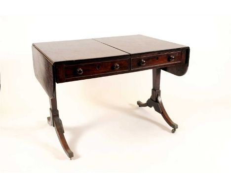 A Regency mahogany sofa table, early 19th century, the rectangular twin flap top with rounded ends over two cockbeaded frieze