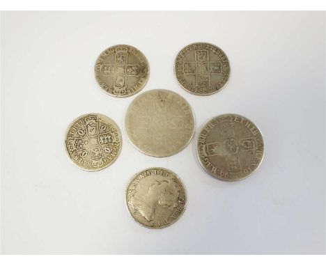 Two crowns and four half crowns, the William III crowns dated 1696 and four half crowns dated 1676, 1688, 1707E and 1745 Lima