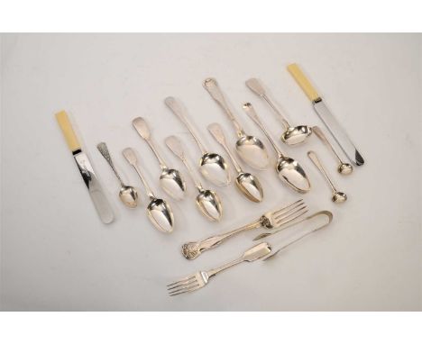 A collection of silver flatware, various dates and makers, to include; a Scottish Fiddle pattern sauce ladle, three tablespoo