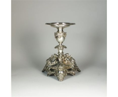 A 19th century silver plated table centrepiece, the central stem supporting urn sconce mounted with circular dish, the base s