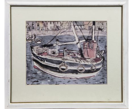 * SIR WILLIAM GEORGE GILLIES CBE RA RSA PRSW (1898 - 1973) THE FISHING BOAT lithograph on paper 31cm x 40cm Mounted, framed a