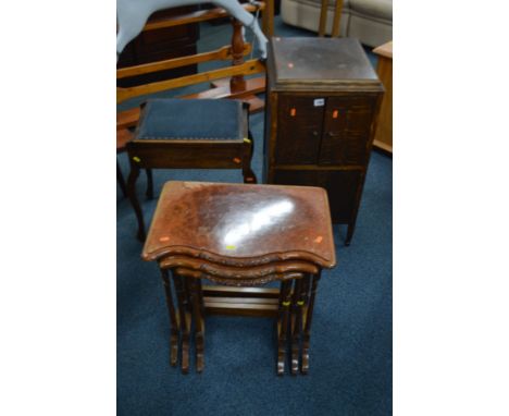 AN EARLY TO MID 20TH CENTURY OAK GRAMAPHONE CABINET, along with a Burr Walnut nest of three tables and a mahogany piano stool