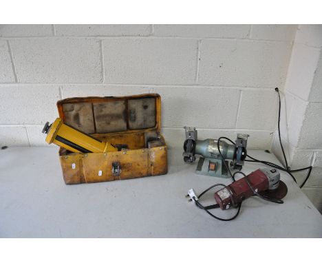 A NUTOOL BENCH GRINDER, an unbranded dual action sander (both PAT pass and working) and a vintage Laserplane Construction las