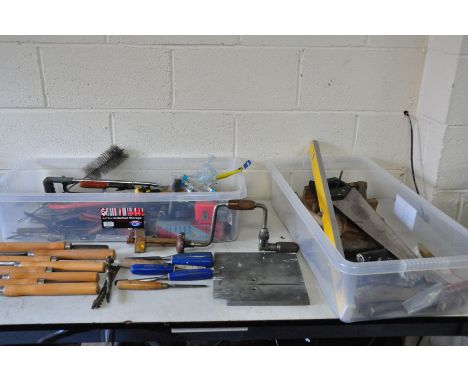 TWO TRAYS CONTAINING VARIOUS TOOLS including Marples wood chisels, wood turning chisels, Bit and brace, mallets, clamps etc