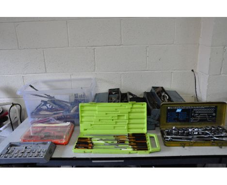 A TRAY, A TOOLBOX, A CASED SOCKET SET AND SCREWDRIVER SET, tools including a drill set, files, drill bits, taps and dies, a S