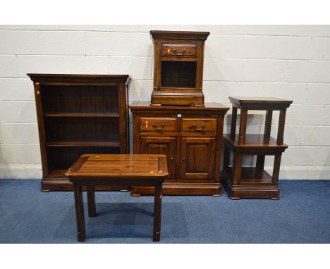SEVEN PIECES OF MATCHING DARK HARDWOOD LOUNGE FURNITURE, to include a sideboard with two drawers, width 89cm x depth 43cm x h