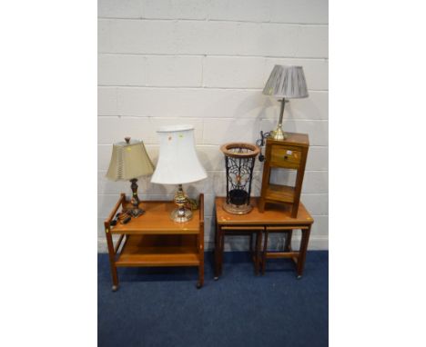 A MID 20TH CENTURY TEAK COFFEE TABLE/NEST OF THREE TABLES, with a fold over top, together with a teak tea trolley (missing ca