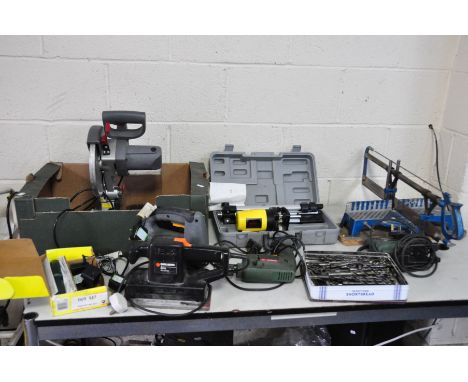 A TRAY CONTAINING POWER TOOLS including a Performance Mitre Saw (noisy but running), a Tool Tec Jigsaw (working), a Bosch cor