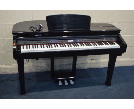 A GEAR4MUSIC MODEL GDP-100 DIGITAL GRAND PIANO, in a polished ebonised finish, width 142cm x depth 75cm x height 89cm and a m