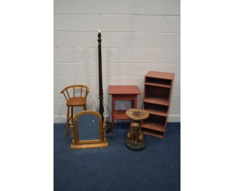 A BEECH CHILDS HIGH CHAIR, along with a pine toilet mirror, painted shelving unit, painted occasional table, mahogany standar