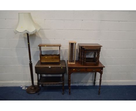 AN EDWARDIAN MAHOGANY SIDE TABLE with a single drawer, width 84cm x depth 48cm x height, an oak drop leaf table, oak nest of 