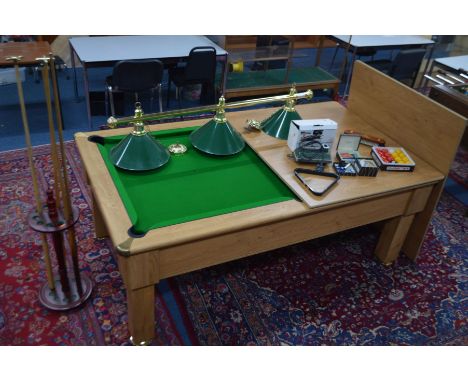 A GOOD QUALITY MODERN LIGHT OAK FINISH POOL DINING TABLE, with a slate bed, the dining table top splits into two sections, le