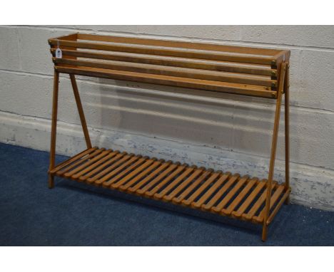 A LONG RECTANGULAR BEECH SLATTED PLANTER, on an A frame united by an undershelf, width 94cm