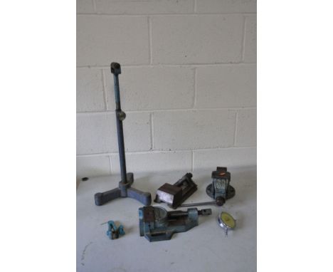 SIX VINTAGE ENGINEERING TOOLS including a Record No 414 Drill Press Vice, another handmade vice, a PJWf-M80 engineers vice, a