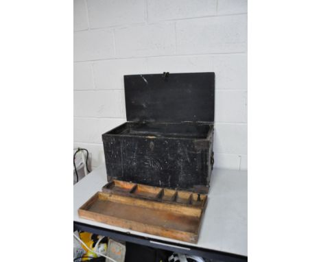 A VINTAGE WOODEN TOOLBOX with one sliding tray and two lift out trays 65cm wide x 34cm deep and 38cm high