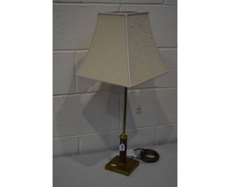 ROCHAMP LTD, A BRASS AND RUST COLOURED TABLE LAMP with a square tapered fabric shade