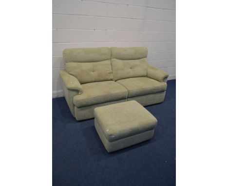 A G PLAN GREEN UPHOLSTERED TWO SEATER SETTEE, length 200cm and a pouffe with a hinged top (2)