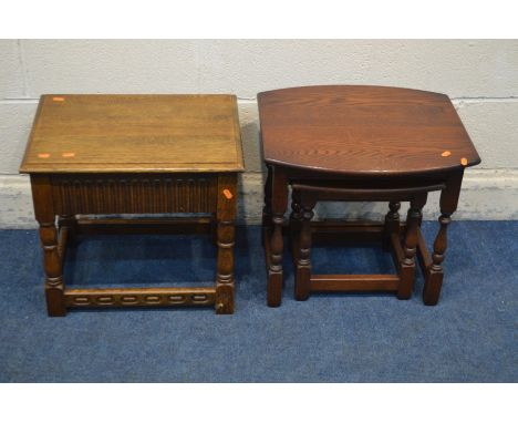 AN OLD CHARM OAK NEST OF TWO TABLES, width 57cm x depth 44cm x height 45cm and an oak lamp table with a single drawer (2)