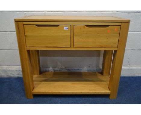 A SOLID LIGHT OAK SIDE TABLE with two drawers, with an under shelf, width 98cm x depth 43cm x height 80cm (good condition)