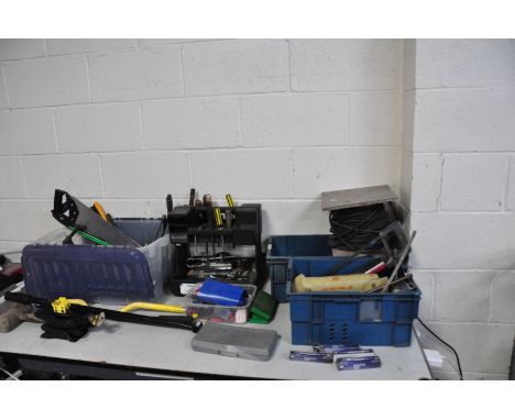 THREE BOXES AND A TOOL CADDY CONTAINING TOOLS including chisels, allen keys, a jack, saws, etc