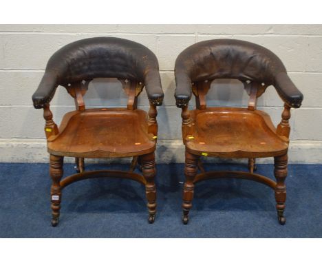 A PAIR OF EARLY TO MID 19TH CENTURY WALNUT GENTLEMANS CLUB CHAIRS, with brown leatherette padded back down to open armrests, 