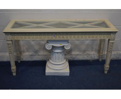 A CONTINENTAL CREAM FINISH HALL TABLE with a glass insert, length 149cm x depth 47cm x height 73cm, a painted plaster Greek c