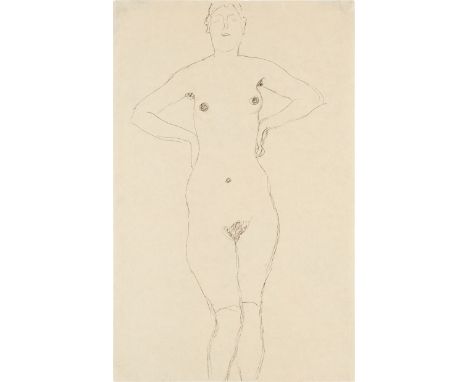 Gustav KlimtStehender Akt von vorne (Studie im Zusammenhang mit "Die Freundinnen II")1915/16Bleistift auf Papier; gerahmt57 x