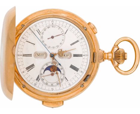 Taschenuhr mit Chronograph und Minutenrepetition2. Hälfte 19. Jh.18kt Gold; Kronenaufzug; Emailzifferblatt mit Datum, Wochent