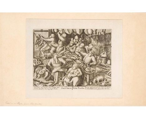 Pieter Brueghel d. Ä.Die fette KücheKupferstich; ungerahmt; im Passepartout32,6 x 41,5 cm (Blattgröße); 21,9 x 28,1 cm (Platt