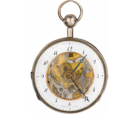 Taschenuhr mit RepetitionAnfang 19. Jh.Silber; Schlüsselaufzug; Emailziffering, bezeichnet "BREGUET A PARIS"; rückseitig grav