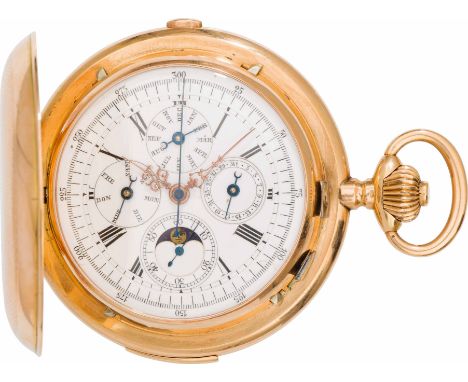 Taschenuhr mit Chronograph und Repetition2. Hälfte 19. Jh.14kt Gold; Kronenaufzug; Emailzifferblatt mit kleiner Sekunde, Mond