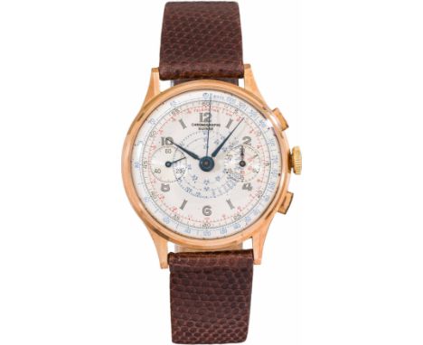 Chronographe SuisseHerren-Armbanduhr1960/70er Jahre18kt Rotgold; Kunststoffglas, silberfarbenes Zifferblatt mit kleiner Sekun