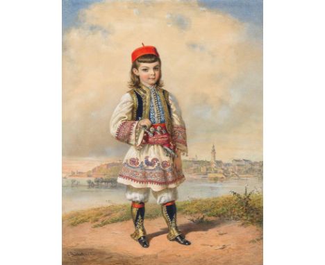 Carl GoebelAlexander I. Obrenović (1876-1903), König von Serbien, als Kind in serbischer Nationaltracht, im Hintergrund Belgr