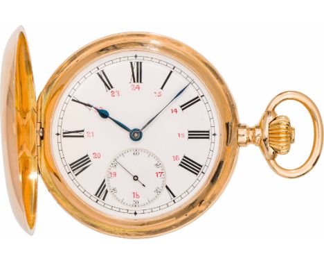 IWC SchaffhausenTaschenuhrSchweiz, um 190014kt Gold; Kronenaufzug; Emailzifferblatt mit kleiner Sekunde; Savonnette, Gehäusen