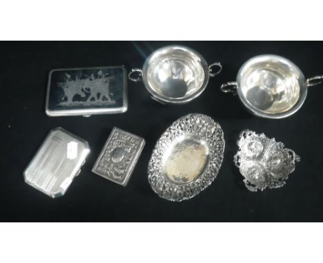 A Chinese silver snuff box with engraved inscription 'For My Mother' and a collection of other silverware including a pair of