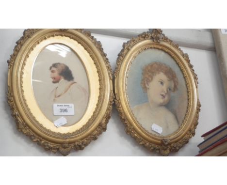 A 19th century watercolour study of a child's head and a 19th century portrait of a man in matching oval gilt frames 