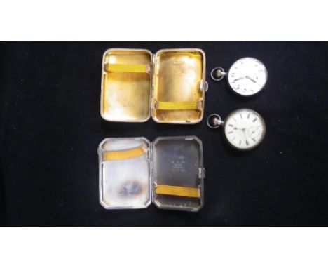 An Art Deco Birmingham silver engine-turned and enamelled cigarette case, another similar and two silver cased pocket watches