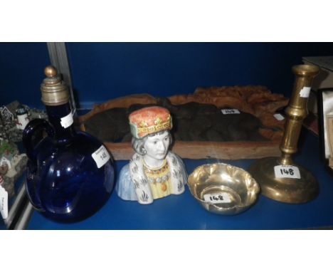 A brass candlestick, 'Bristol' blue carafe and other similar items 