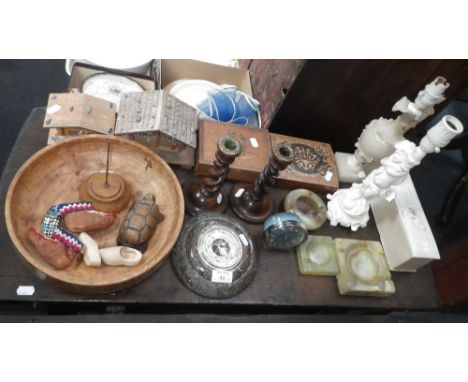 A turned serpentine framed barometer, a collection of wooden boxes and similar items 