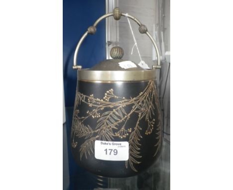 A Worcester ceramic biscuit barrel with plated and hinged lid 