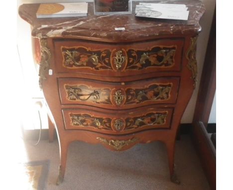 Early 20th century French three drawer commode with marquetry panels, ormolu mounts and a rouge marble top. 36" wide  