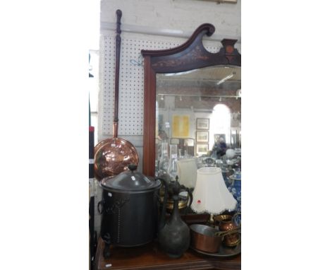 A Persian ewer, an oil lamp and a collection of similar metalware 