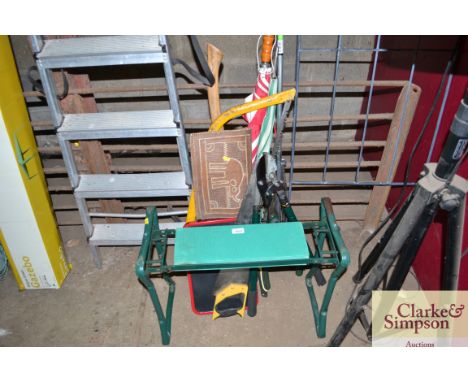 A quantity of gardening tools and garden kneeler