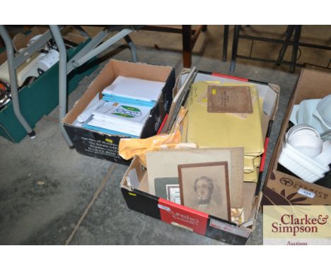 Two boxes containing various magazines, cigarette cards and a pencil portrait study