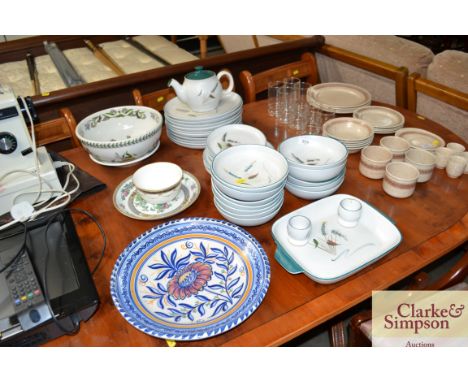 A quantity of Deny "Green Wheat" dinnerware, continental pottery plates, Portmeirion bowl and dish etc.