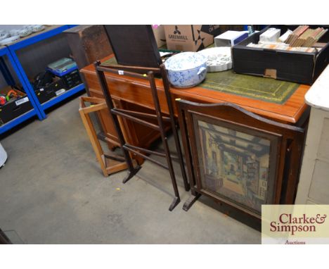 A clothes airer together with a needlework fire screen and an oak stick stand